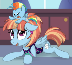 Size: 770x700 | Tagged: safe, artist:ta-na, rainbow dash, windy whistles, pegasus, pony, g4, 80's fashion, baby, baby dash, baby pony, clothes, cute, dashabetes, female, hnnng, like mother like daughter, like parent like child, mare, mother and daughter, smiling, tongue out, windybetes, younger