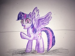 Size: 4032x3024 | Tagged: safe, artist:bbqninja501st, twilight sparkle, alicorn, pony, g4, female, high res, looking at you, mare, open mouth, raised hoof, solo, spread wings, traditional art, twilight sparkle (alicorn), wings