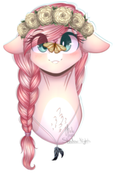 Size: 1353x2018 | Tagged: safe, artist:shadow-nights, oc, oc only, butterfly, pony, braid, bust, chest fluff, colored pupils, female, floppy ears, floral head wreath, flower, mare, portrait, simple background, solo, transparent background