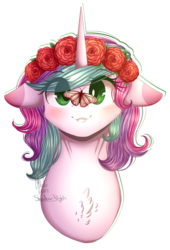 Size: 1333x1960 | Tagged: safe, artist:shadow-nights, oc, oc only, butterfly, pony, bust, chest fluff, colored pupils, female, floppy ears, floral head wreath, flower, mare, portrait, simple background, smiling, solo, transparent background