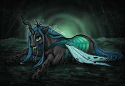 Size: 3552x2423 | Tagged: safe, artist:cvanilda, queen chrysalis, changeling, changeling queen, g4, crown, drool, female, high res, jewelry, prone, regalia, solo