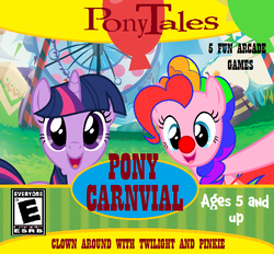 Size: 677x629 | Tagged: safe, pinkie pie, twilight sparkle, pony, series:pony tales, g4, balloon, bipedal, carnival, cd-rom, clown, parody, pc game, veggietales