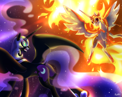 Size: 3500x2800 | Tagged: dead source, safe, artist:renokim, daybreaker, nightmare moon, alicorn, pony, a royal problem, g4, fangs, female, fight, high res, mare, royal sisters, smiling