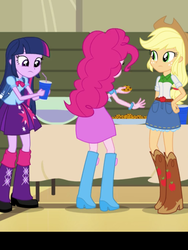 Size: 1536x2048 | Tagged: safe, screencap, applejack, pinkie pie, twilight sparkle, equestria girls, g4, my little pony equestria girls: rainbow rocks, backpack, boots, clothes, cookie, cropped, cup, food, freckles, hat, plate, punch (drink), punch bowl, shoes, table