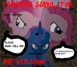 Size: 1023x886 | Tagged: safe, artist:j5a4, pinkie pie, princess luna, g4, crying, pinkamena diane pie, text, yandere simulator