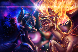 Size: 1280x853 | Tagged: safe, artist:ranhkinh, daybreaker, nightmare moon, alicorn, pony, a royal problem, g4, armor, female, looking at each other, mare, royal sisters, smiling