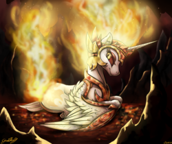 Size: 3652x3068 | Tagged: safe, artist:gaelledragons, daybreaker, alicorn, pony, a royal problem, g4, armor, female, fire, helmet, high res, looking back, prone, slit pupils, smiling, solo