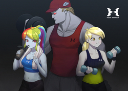 Size: 1228x868 | Tagged: safe, artist:agaberu, bulk biceps, derpy hooves, rainbow dash, equestria girls, g4, belly button, bottle, breasts, cleavage, clothes, drink, drinking, ear piercing, earring, exercise, female, jewelry, male, midriff, piercing, red eyes, shorts, simple background, sports bra, tank top, towel, under armor, under armour, water bottle, weights