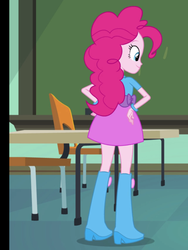 Size: 1536x2048 | Tagged: safe, screencap, pinkie pie, equestria girls, g4, my little pony equestria girls, my little pony equestria girls: rainbow rocks, boots, bracelet, chair, chalkboard, clothes, cropped, female, hand on hip, high heel boots, jewelry, legs, needs more jpeg, pictures of legs, skirt, smiling, table