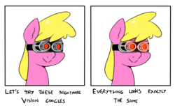 Size: 1537x969 | Tagged: safe, artist:alvh-omega, cherry berry, earth pony, pony, g4, 2 panel comic, bust, comic, drawthread, goggles, meme, nightmare vision goggles, ponified, portrait, reaction image, smiling, solo