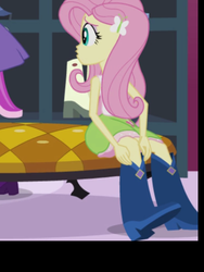 Size: 1536x2048 | Tagged: safe, screencap, fluttershy, human, equestria girls, g4, my little pony equestria girls, bench, boots, clothes, cropped, female, high heel boots, open mouth, skirt, worried