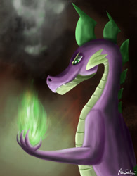 Size: 934x1200 | Tagged: safe, artist:ajvl, spike, dragon, g4, fire, male, older, older spike, solo