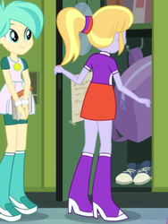 Size: 1536x2048 | Tagged: safe, screencap, cloudy kicks, tennis match, equestria girls, g4, my little pony equestria girls, bag, book, boots, clothes, cropped, female, high heel boots, legs, lockers, pictures of legs, rear view, shoes, smiling