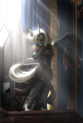 Size: 2256x3364 | Tagged: safe, artist:mykegreywolf, oc, oc only, oc:swan song, anthro, unguligrade anthro, abandoned, anthro oc, clothes, commission, crepuscular rays, high res, singing, solo, theater, tongue out