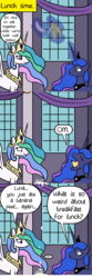 Size: 1497x4533 | Tagged: safe, artist:oneovertwo, princess celestia, princess luna, pony, a royal problem, g4, banana, banana peel, breaking the fourth wall, comic, comically missing the point, eating, food, herbivore, high res, nom