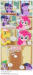 Size: 3314x7374 | Tagged: safe, artist:perfectblue97, carrot cake, pinkie pie, spike, twilight sparkle, dragon, earth pony, pony, comic:without magic, g4, absurd resolution, bathroom, blank flank, comic, earth pony twilight, floppy ears, implied diarrhea, implied pooping, porridge, poster, royal guard, sugarcube corner, toilet paper roll, yelling