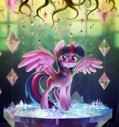 Size: 1993x2132 | Tagged: safe, artist:dawnfire, twilight sparkle, alicorn, pony, g4, adorkable, chandelier, colored pupils, cute, cutie map, depth of field, dork, female, golden oaks chandelier, high res, looking at you, mare, solo, spread wings, sweet dreams fuel, tree of memories, twiabetes, twilight sparkle (alicorn), twilight's castle, wings
