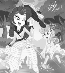 Size: 1800x2014 | Tagged: safe, artist:succubi samus, rarity, sweetie belle, equestria girls, g4, make new friends but keep discord, ppov, black and white, clothes, commission, costume, cute, diasweetes, dress, female, flower, flower in hair, forest, gala dress, grayscale, hat, lake, messy hair, monochrome, playful, raribetes, raristocrat, rose dewitt bukater, show accurate, sibling love, siblings, sisterly love, sisters, smiling, splashing, titanic, tree, wet