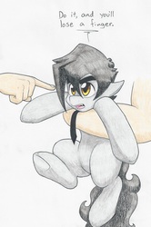 Size: 3985x5985 | Tagged: safe, artist:flicker-show, oc, oc only, oc:flicker show, demon, demon pony, earth pony, human, hybrid, pony, absurd resolution, cute, holding a pony, imminent boop, male, necktie, ocbetes, simple background, stallion, traditional art