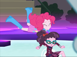 Size: 2048x1536 | Tagged: safe, screencap, pinkie pie, varsity trim, equestria girls, g4, my little pony equestria girls: friendship games, background human, clothes, crystal prep academy uniform, dimensional cracks, duo, duo female, eyes closed, female, glasses, gritted teeth, rescue, school uniform, skirt