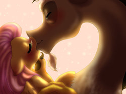 Size: 1024x768 | Tagged: safe, artist:yami-sempai, discord, fluttershy, draconequus, pegasus, pony, g4, backlighting, eyes closed, female, floppy ears, kiss on the lips, kissing, male, mare, ship:discoshy, shipping, straight