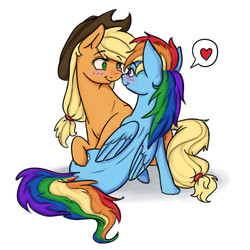 Size: 1650x1650 | Tagged: safe, artist:eternalsubscriber, applejack, rainbow dash, earth pony, pegasus, pony, g4, blushing, boop, eye contact, female, heart, lesbian, looking at each other, mare, noseboop, pictogram, ship:appledash, shipping, simple background, sitting, smiling, white background, wings