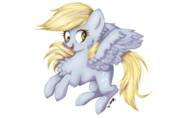 Size: 1800x1200 | Tagged: safe, artist:akiraniji, derpy hooves, pegasus, pony, g4, blushing, cheek fluff, chest fluff, female, flying, open mouth, simple background, smiling, solo, transparent background