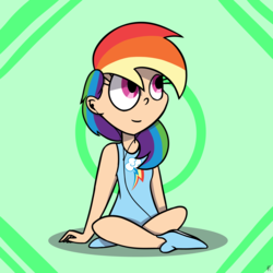 Size: 8267x8267 | Tagged: safe, artist:rainelathepegasus00, rainbow dash, human, g4, absurd resolution, clothes, earbuds, female, humanized, sitting, solo, tank top