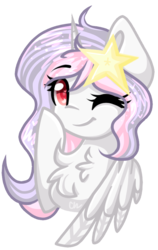 Size: 518x818 | Tagged: safe, artist:sketchyhowl, oc, oc only, oc:twinkle toes, alicorn, pony, bust, female, mare, one eye closed, portrait, simple background, solo, transparent background, wink