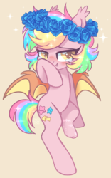 Size: 1981x3170 | Tagged: safe, artist:hawthornss, oc, oc only, oc:paper stars, bat pony, pony, amputee, blushing, crying, cute, cute little fangs, ear fluff, fangs, floral head wreath, flower, flower in hair, lidded eyes, looking at you, missing accessory, missing limb, scar, simple background, smiling, spread wings, stump, wings, yellow background