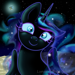 Size: 1000x1000 | Tagged: safe, artist:lunar-white-wolf, nightmare moon, alicorn, pony, g4, cute, derp, earth, female, looking at you, mare, moon, moonabetes, nicemare moon, planet, smiling, solo, space, stars