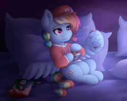 Size: 2000x1600 | Tagged: safe, artist:spirit-dude, rainbow dash, pony, g4, alternate hairstyle, bed, chips, clothes, controller, cute, dashabetes, drink, female, food, hoodie, joystick, mare, pillow, soda, solo, super mario bros., tongue out, video game, wing hands, wing hold