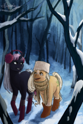 Size: 1000x1500 | Tagged: safe, artist:liquorie, oc, oc only, earth pony, pony, unicorn, accessory, boots, clothes, cute, digital art, earmuffs, female, forest, hat, mare, scarf, smiling, snow, walking, winter