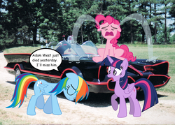 Size: 1474x1053 | Tagged: safe, pinkie pie, rainbow dash, twilight sparkle, alicorn, pony, g4, 60s batman, adam west, batman, batmobile, crying, irl, lincoln futura, photo, ponies in real life, rest in peace, shocked, tribute, twilight sparkle (alicorn)