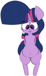 Size: 891x1470 | Tagged: dead source, safe, artist:hattsy, twilight sparkle, pony, unicorn, semi-anthro, g4, belly, belly button, chubby, female, looking down, simple background, smiling, solo, white background