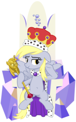 Size: 2000x3200 | Tagged: safe, artist:cheezedoodle96, derpy hooves, pegasus, pony, a royal problem, g4, .svg available, belly button, cape, clothes, crown, female, friendship throne, high res, jewelry, lidded eyes, looking at you, mare, princess derpy, queen derpy, regalia, scene interpretation, scepter, simple background, sitting, solo, spread wings, svg, throne, transparent background, twilight scepter, underp, vector, wings