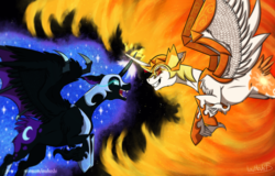 Size: 1024x656 | Tagged: safe, artist:inuhoshi-to-darkpen, daybreaker, nightmare moon, alicorn, pony, a royal problem, g4, crossed horns, duo, feathered fetlocks, female, fight, helmet, horn, horns are touching, looking at each other, mare, royal sisters, sisters, smiling, unshorn fetlocks