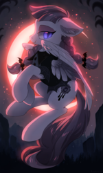 Size: 766x1280 | Tagged: safe, artist:hioshiru, inky rose, pegasus, pony, vampire, vampony, g4, honest apple, blood moon, crescent moon, fangs, female, flying, looking at you, mare, moon, night, solo, transparent moon, vampirism