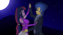 Size: 2988x1677 | Tagged: safe, artist:pyrus-leonidas, flash sentry, twilight sparkle, equestria girls, g4, breasts, busty twilight sparkle, clothes, dancing, dress, female, full moon, looking at each other, male, moon, night, ship:flashlight, shipping, straight