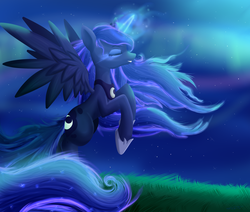 Size: 1024x868 | Tagged: safe, artist:suziouwabami, princess luna, alicorn, pony, g4, eyes closed, female, hooves up, magic, night, rearing, smiling, solo, spread wings, wings