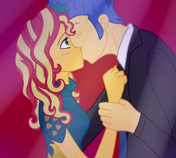 Size: 1067x960 | Tagged: safe, artist:mira.veike, flash sentry, sunset shimmer, equestria girls, g4, my little pony equestria girls: legend of everfree, blushing, female, kissing, male, ship:flashimmer, shipping, straight