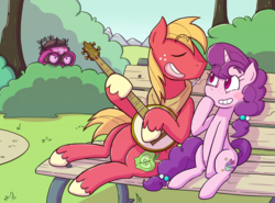 Size: 1920x1422 | Tagged: safe, artist:zanefir-dran, big macintosh, cheerilee, sugar belle, earth pony, pony, unicorn, g4, >:c, binoculars, cute, eyes closed, female, frown, grin, hiding, jealous, male, mare, outdoors, park, ship:sugarmac, shipping, smiling, spying, stalker, stalking, straight