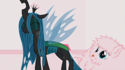 Size: 1197x675 | Tagged: safe, artist:mixermike622, queen chrysalis, oc, oc:fluffle puff, changeling, changeling queen, pony, g4, :p, :|, animated, blinking, canon x oc, concave belly, cute, cutealis, dork, dorkalis, female, fluffy, flyswatter, frown, gif, hoof hold, kinky, lesbian, lewd, looking back, loop, mare, out of context, ship:chrysipuff, shipping, silly, spanking, thin, tongue out, wide eyes, youtube link