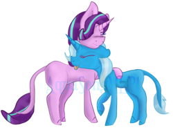 Size: 888x669 | Tagged: safe, artist:aquasongmlp1, starlight glimmer, trixie, pony, unicorn, g4, female, hug, leonine tail, lesbian, mare, ship:startrix, shipping, simple background, smiling, tongue out, transparent background