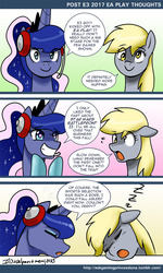 Size: 600x1003 | Tagged: safe, artist:johnjoseco, derpy hooves, princess luna, alicorn, pegasus, pony, ask gaming princess luna, gamer luna, g4, comic, cute, derpabetes, e3, eyes closed, female, headset, heart, heart eyes, lunabetes, mare, sleeping, snoring, wingding eyes, zzz