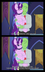 Size: 3317x5232 | Tagged: safe, artist:duop-qoub, starlight glimmer, oc, oc:anon, human, pony, unicorn, g4, 2 panel comic, :t, absurd resolution, brooklyn nine nine, chest fluff, clothes, collar, comic, cute, dialogue, ear fluff, female, fluffy, glimmerbetes, holding a pony, leg fluff, licking, lidded eyes, looking at you, mare, mood whiplash, necktie, pants, pet glimmer, pony pet, rosa's dog, shirt, shoulder fluff, smiling, subtitles, tongue out