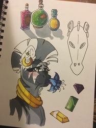 Size: 960x1280 | Tagged: safe, artist:nightmare-moons-throneroom, zecora, zebra, g4, blushing, ear piercing, earring, female, gem, jewelry, mare, mask, mouth hold, piercing, poison joke, potion, smiling, solo, traditional art