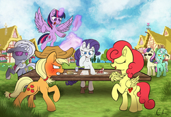 Size: 1280x877 | Tagged: safe, artist:calena, applejack, bon bon, hoity toity, lyra heartstrings, rarity, strawberry sunrise, sweetie drops, twilight sparkle, alicorn, pony, g4, honest apple, angry, apple, apple pie, dessert, earpiece, female, food, pie, ponyville, red face, secret agent sweetie drops, smiling, sunglasses, thinking, this will end in tears, twilight sparkle (alicorn)