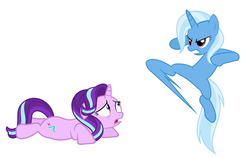 Size: 1694x1064 | Tagged: safe, starlight glimmer, trixie, pony, unicorn, g4, angry, duo, floppy ears, gritted teeth, kick, open mouth, out of character, prone, scared, simple background, vector, white background