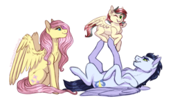 Size: 1214x745 | Tagged: safe, artist:butteredpawpcorn, fluttershy, soarin', oc, oc:skyler, pegasus, pony, g4, crack shipping, female, filly, foal, holding a pony, male, next generation, offspring, on back, one eye closed, parent:fluttershy, parent:soarin', parents:soarinshy, shipping, simple background, sitting, smiling, soarinshy, straight, white background, wink